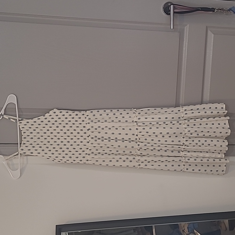 white and blue polka dot dress